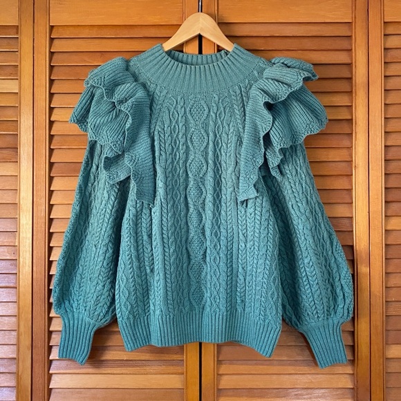 Listicle Sweater Women's Size Small Teal Green Cable Knit Puff Sleeve Ruffles - Picture 1 of 10